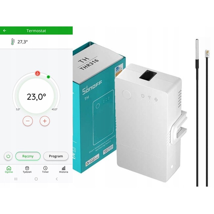 Sonoff THR316 WiFi termosztát hőmérséklet és páratartalom monitorozással, fehér, kompakt