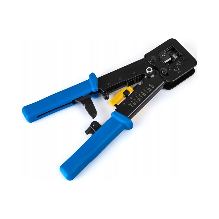 Cleste pentru sertizare Spacetronik PT-CT01, cleste de crimpuit, pentru conectori RJ45/RJ12/RJ11, cu taietor izolatie si sistem pass-through, albastru/negru