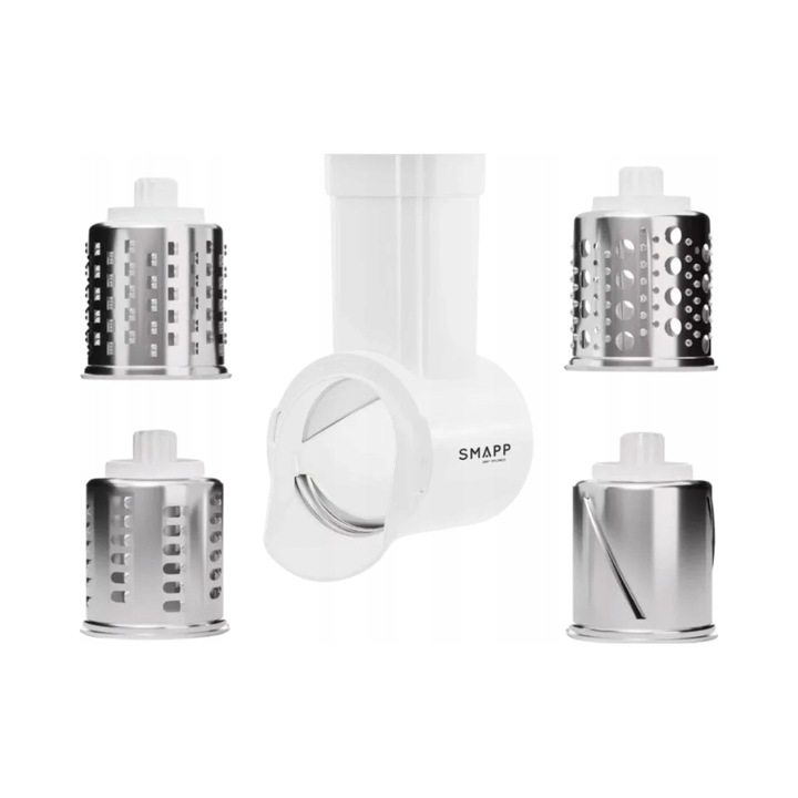 Razatoare pentru masina de tocat carne SMAPP 489.0700, 4 tamburi interschimbabili din otel inoxidabil (felii, fasii groase, fasii fine, razuit cartofi), plastic alimentar fara BPA, montaj rapid fara unelte, alb/inox, 1 buc.