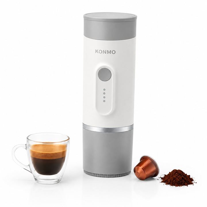 KONMO Masina de cafea portabila, 600 g, extractie la presiune mare de 15 bar, compatibila cu capsule si pulbere de cafea (doua in unu), operare simpla cu un buton, 1800 mAh, tip-C, pentru uz casnic, auto sau calatorii in aer liber