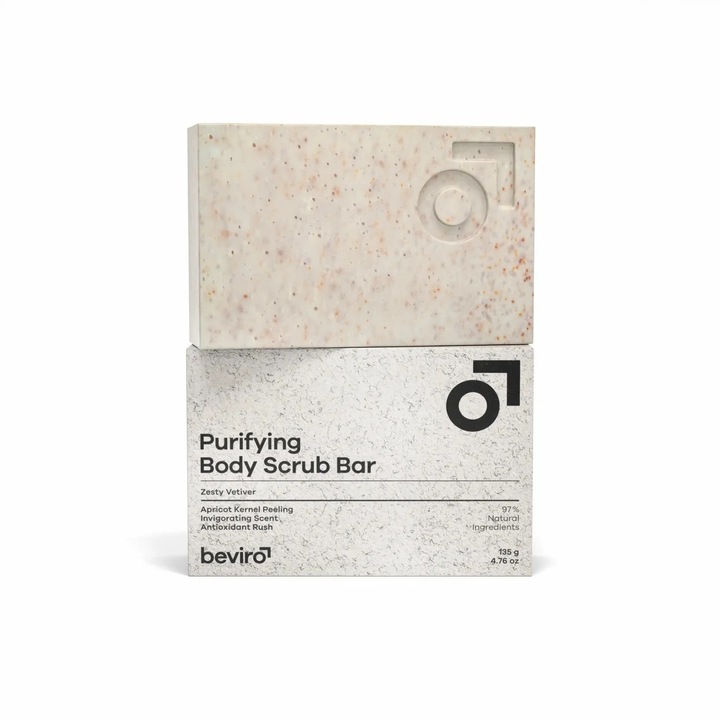 Твърд ексфолиращ сапун Beviro Purifying Body Scrub Bar Zesty Vetiver 135g, с кайсиеви ядки, предназначен за мъже