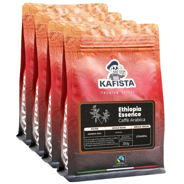 Cafea boabe de specialitate Kafista Ethiopia Essence, 100% Arabica, Single Origin, prajire Medium-Light, ideala pentru filtru 4x250g