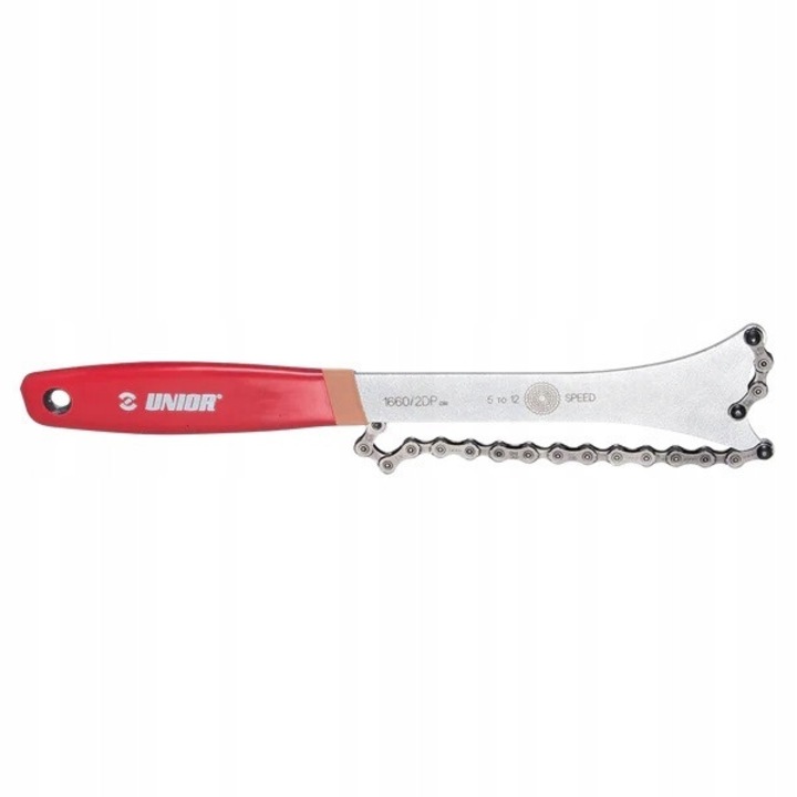 Cheie demontare pinion spate Unior 1660/2DP, pentru casete 6-12 viteze, maner cauciucat dublu-strat, cu lant de prindere si magnet, rosu