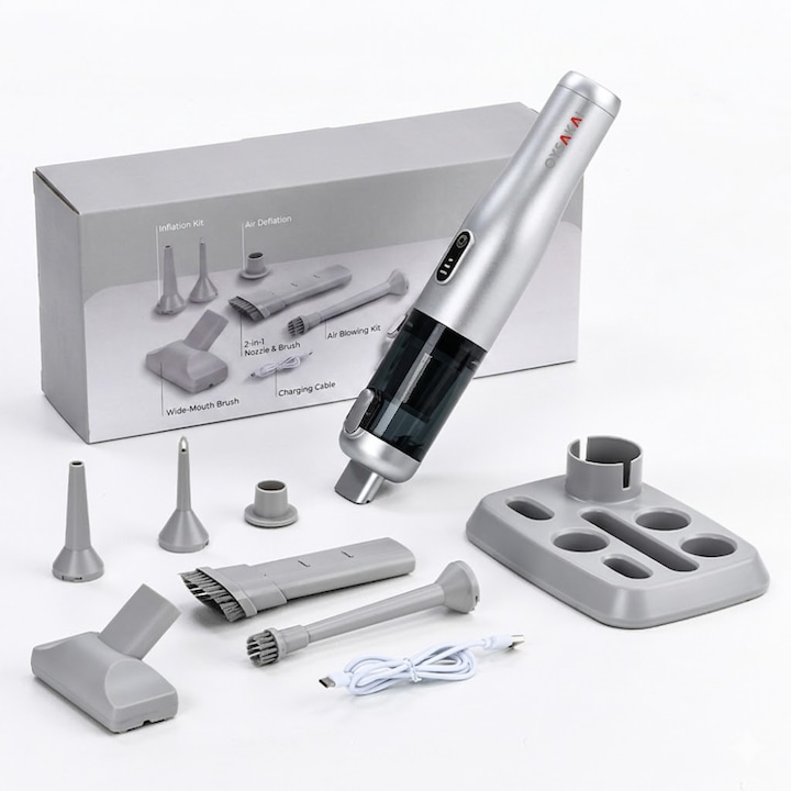 Aspirator Auto 4-in-1 Portabil OYSAKAI, 18000 Pa, 100W, Wet & Dry, Baterie 6000mAh, 40 min, 3 Viteze, Suport Incarcare, Filtru Metalic Lavabil, USB, 5 Accesorii, Masina si Casa