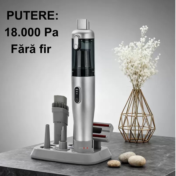 OYSAKAI 4 az 1-ben hordozható autós porszívó, 18000 Pa, 100W, nedves és száraz, 6000mAh akkumulátor, 40 perc, 3 sebesség, töltőállvány, mosható fém szűrő, USB, 5 tartozék, autóba és otthonra