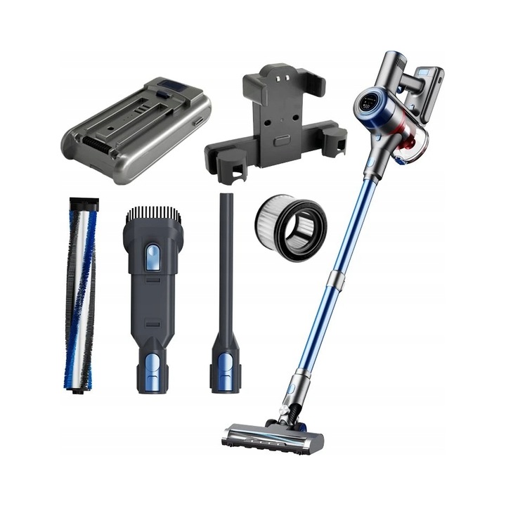 Aspirator vertical fara sac Zermat S8, fara fir, baterie 29,6 V, autonomie pana la 60 min, filtru HEPA, turbo perie cu LED, gri/albastru, 1 buc