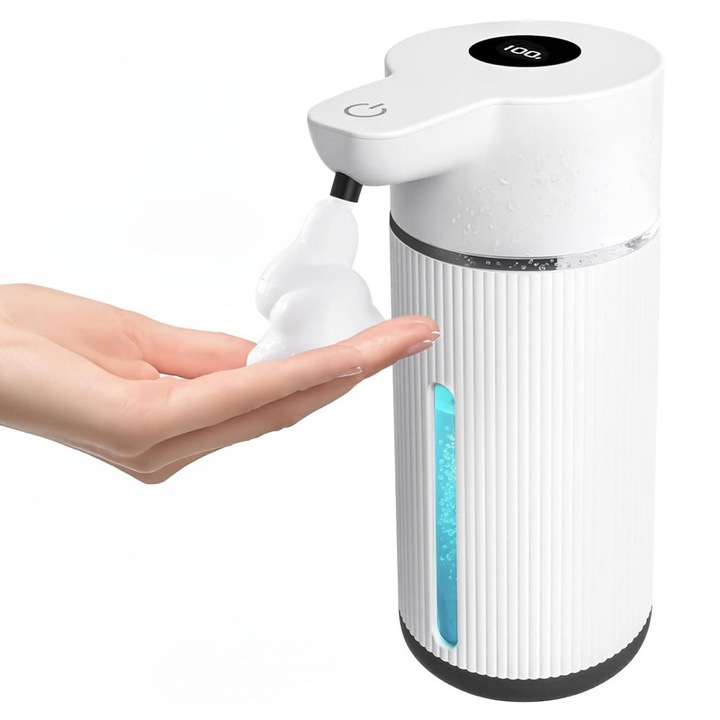 Dozator Automat Sapun Spuma, Rqiurpn, Senzor Inteligent Touchless, 4 Trepte de Dozare, Display Led, 420ML, IPX6, Incarcare Rapida cu USB-C, Montare Pe Perete Sau Blat, Aplicabil Baie si Bucatarie, Alb