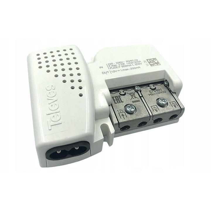 Alimentator Televes Picokom 2S 12V 200mA, 2 iesiri, alimentare prin cablu coaxial cu trecere semnal, EasyF, 86x65x26 mm