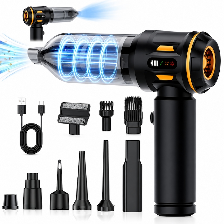 Aspirator Portabil 4-in-1, IBESPHERE™, Curatenie Rapida in Masina si Acasa, Putere 20000 PA, Motor 90000 RPM, 100W, Baterie 6000mAh cu Autonomie 30min, 3 Viteze, 9 Accesorii + Filtru HEPA Reutilizabil, Functii Aspirare & Suflare, Negru-Auriu