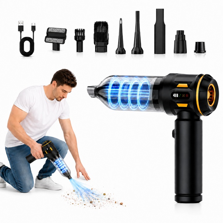 IBESPHERE 4 in 1 hordozható porszívó – Gyors tisztítás autóban és otthon, 20000 PA, 90000 RPM kefe nélküli motor, 100W, 6000mAh akkumulátor 30 perc üzemidővel, 3 sebesség, 9 tartozék + újrafelhasználható HEPA szűrő, szívó- és fúvó funkció, fekete-arany