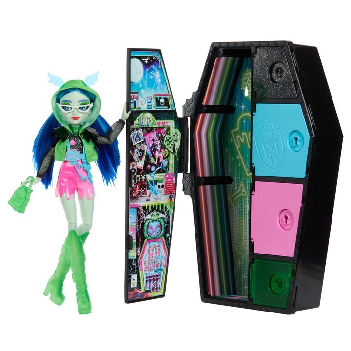 Set Papusi Monster High Ghouia Yelps, 19 accesorii, cu sifonier, luminescent in intuneric