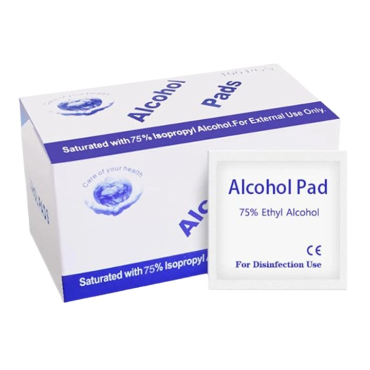 Set 100 pad-uri dezinfectante SENS Alcohol Pads White, alcool 75 %, 80 x 60 mm, alb