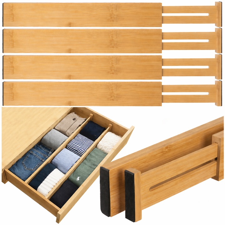 Set De 4 Separatoare Multifunctionale Pentru Sertar Ruhhy, Organizatoare Telescopice, Dimensiune 42-56 x 6 x 1 cm, Material Bambus, Usor De Folosit, Culoare Natur