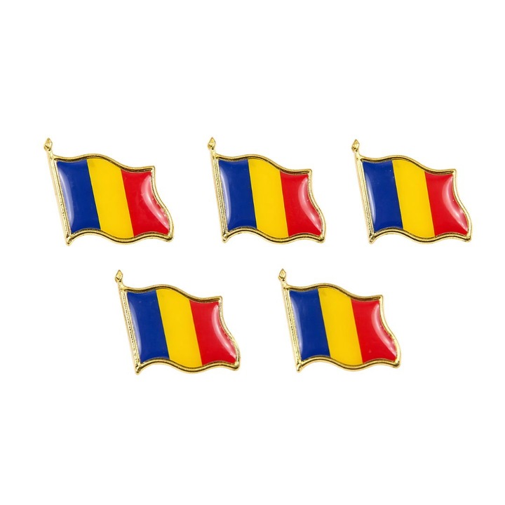Set 5 insigne steag tricolor Romania din metal auriu cu email, model brosa cu ac de siguranta, 20 x 20 mm