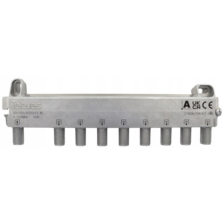 Splitter TV Televes 519608, 1 intrare, 8 iesiri, 5-1220 MHz, pierdere 14 dB, argintiu