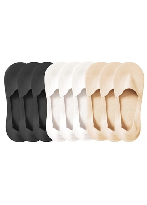 Set 9 perechi de sosete scurte pentru femei, Simply Joy, Subtiri, invizibile, anti-alunecare, Marime universala 35-40 EU, pentru mocasini, balerini, pantofi decupati, imprimeu uni, negru/alb/bej