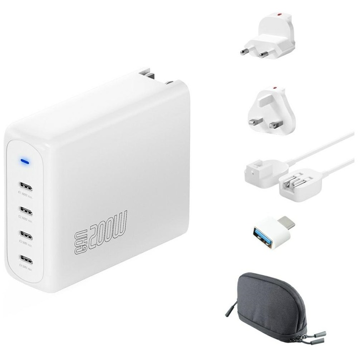 4smarts GaN Flex Pro Travel hálózati töltő, 4x USB-C, 200W, 5A, gyorstöltés, 1.5m USB-C kábel mellékelve, Fehér