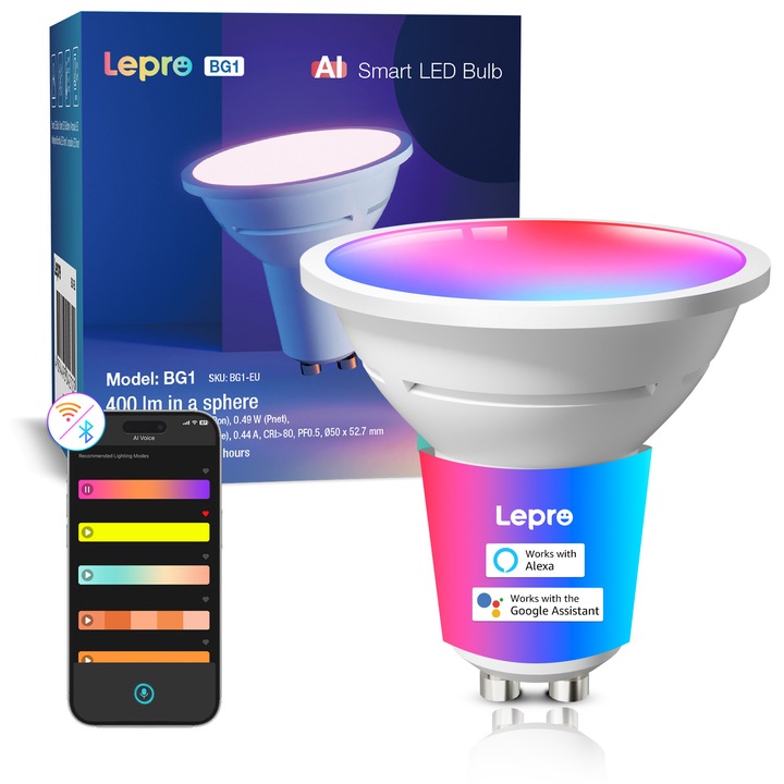 Okos izzó GU10 Lepro BG1, RGB+CCT, 4,5W, 50x54mm, 1 szett