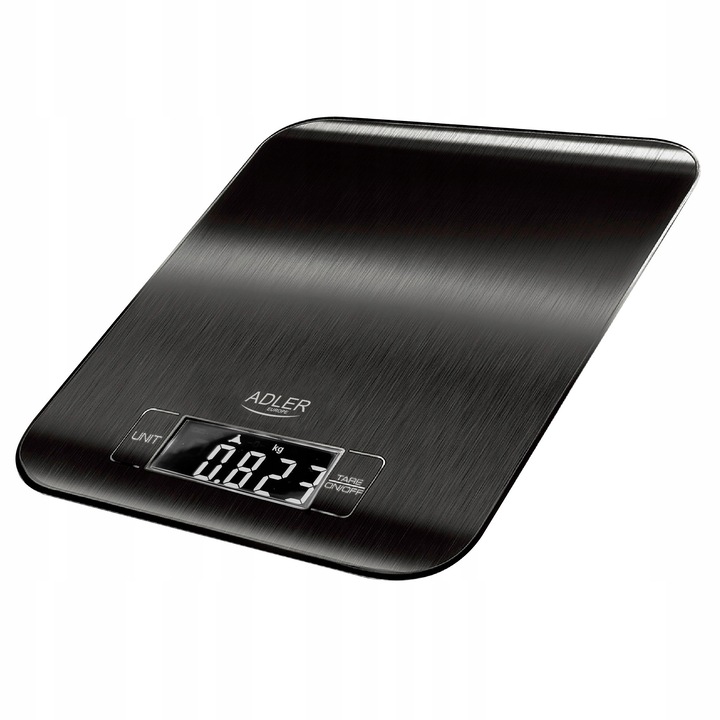 Cantar de bucatarie Adler, 5kg, platforma din otel inoxidabil, afisaj LCD, negru