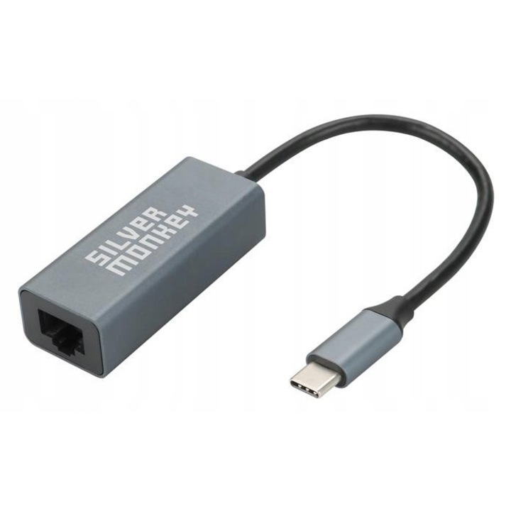 USB-C - RJ-45 1000 Mbps hálózati adapter, Silver Monkey, 16x24x52mm