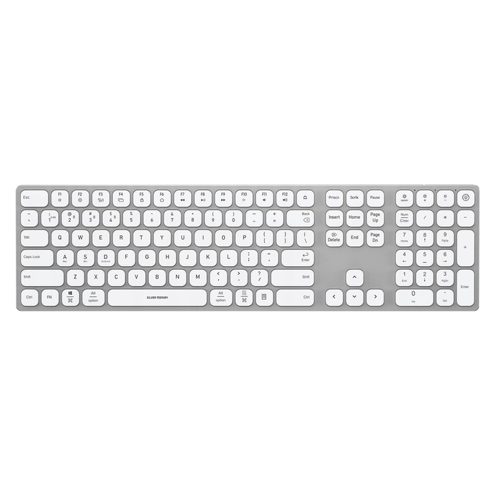 Silver Monkey Alu Keys Premium Backlight vezeték nélküli billentyűzet, fehér, alacsony profilú, többszínű háttérvilágítás, 117x431x14mm