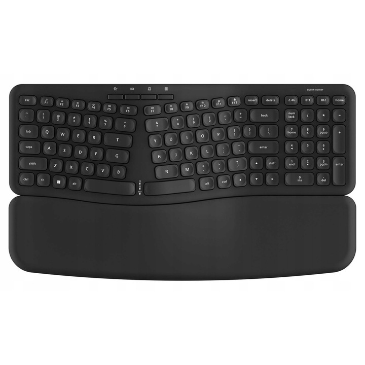 Silver Monkey Ergonomic 70 vezeték nélküli billentyűzet, kompakt, fekete, 432x145x41mm, csuklótámasszal