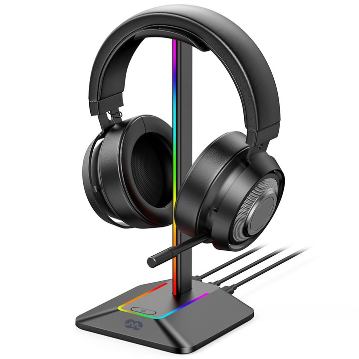 Stativ pentru casti gaming Mozos D12, RGB LED, USB-C, negru, 113.5x108x242mm