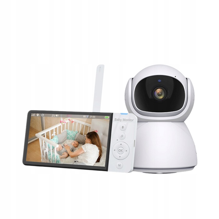 Baby monitor electronic cu camera rotativa si monitor 5", Spreest, detectie sunet, mod noapte, alb