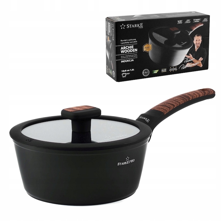 Rondel cu capac Starke Pro Archie Wooden 1,6 l, 18 cm, non-stick, negru, set