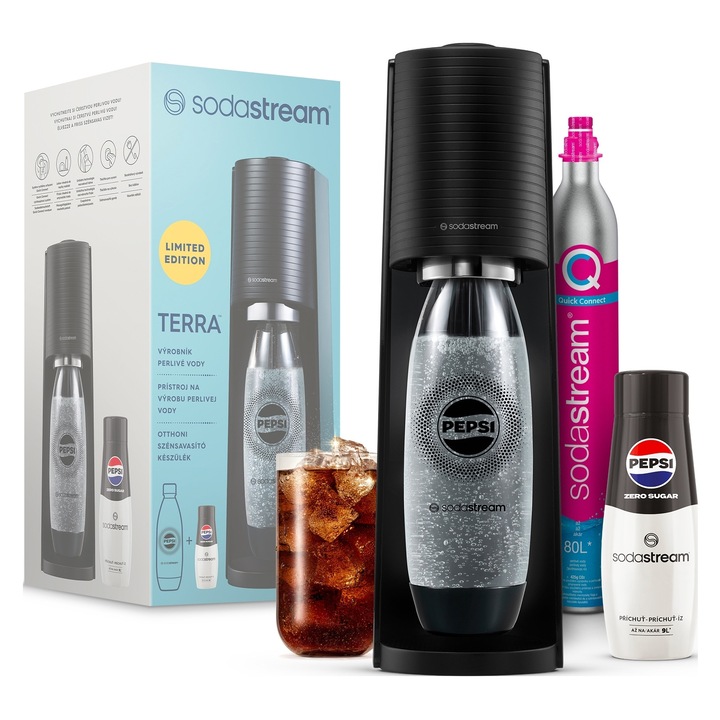Saturator SodaStream TERRA Black, set cu 1 butelca FUSE 1L si 1 sirop concentrat Pepsi Zero, 80L CO2