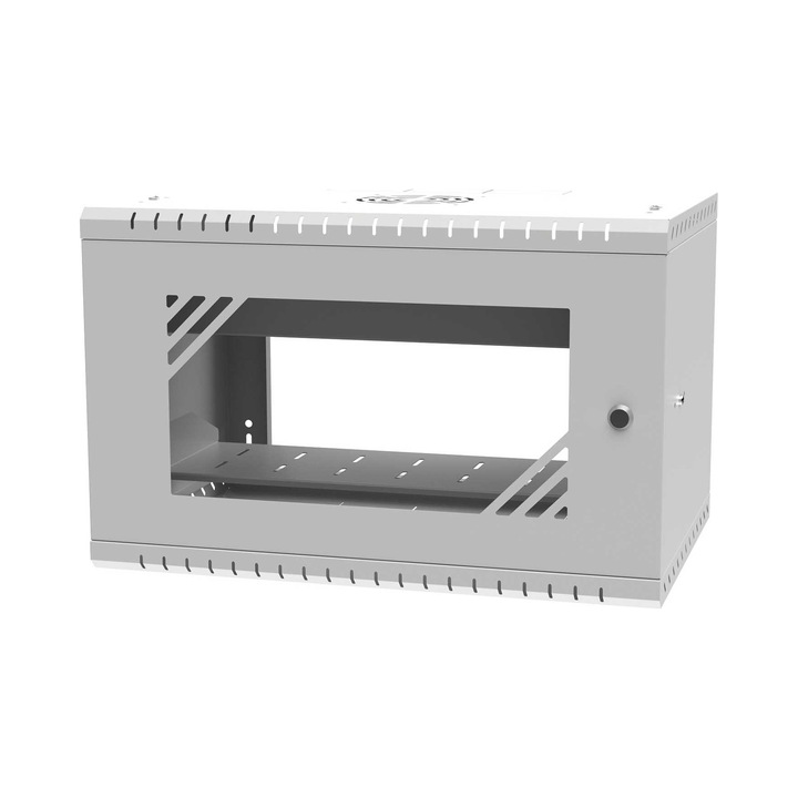 Fém szekrény rack 19" Stalflex 6U 350mm, készlet 15cm polccal és takarólemezzel, szürke színű