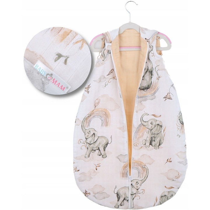 Babymam Muslin Light hálózsák babáknak, 100% pamut, 71x45 cm, Slonik na chmurce + Cappuccino modell