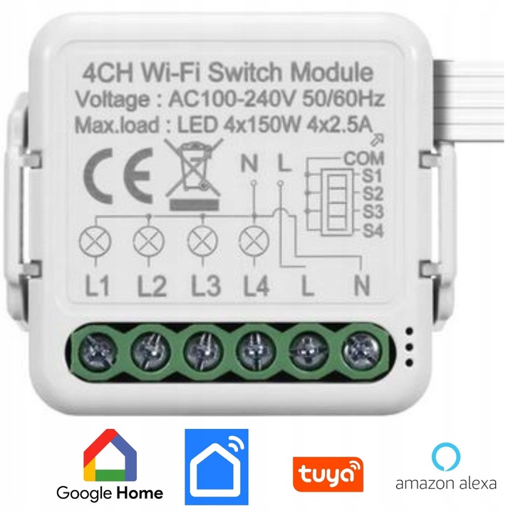 WiFi okos aljzat 4 csatornás, 4x150W, Tuya, hangvezérlés, 39x39x20mm, szett