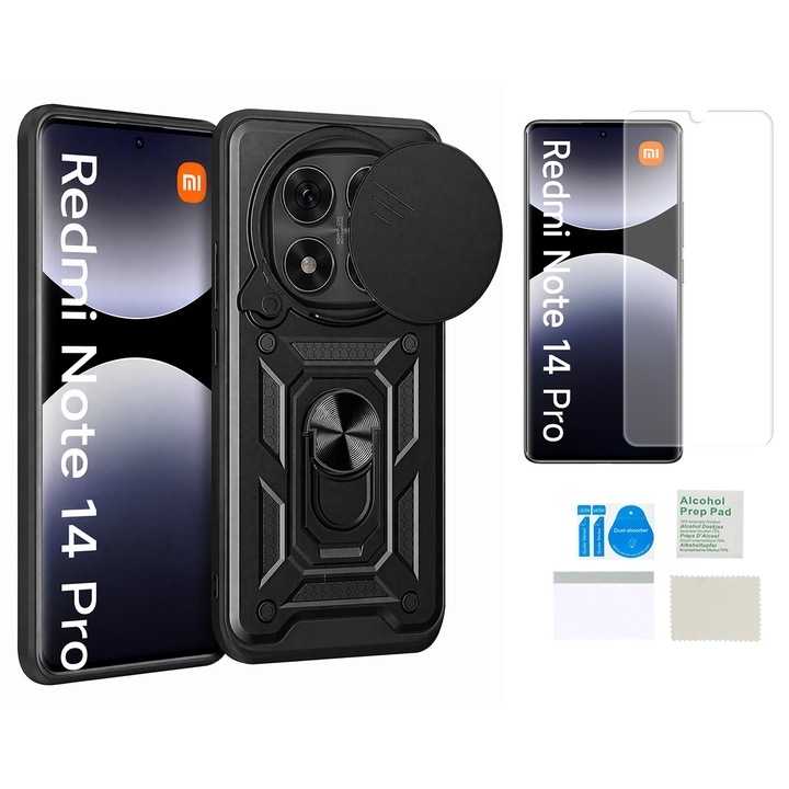 Etui pancerne pentru XIAOMI REDMI NOTE 14 PRO 4G Slide Ring, negru, cu folie hidrogel