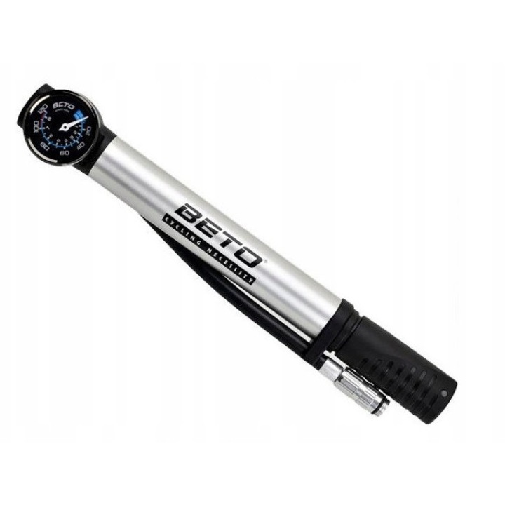 Beto CHMP-003AG mini alumínium kerékpárpumpa manométerrel, 255x185mm, 80 PSI, fekete-ezüst