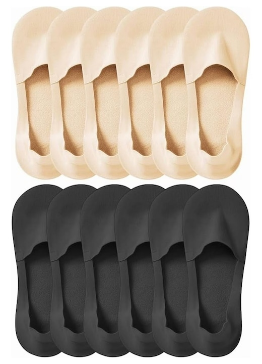 Set 8 perechi de sosete scurte pentru femei, Simply Joy, Subtiri, Invizibile, Anti-alunecare, marime universala 35-40 EU, Pentru mocasini, balerini, Pantofi decupati, Imprimeu uni, negru/bej