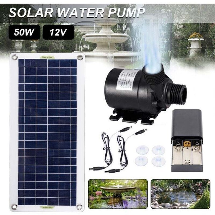 Napelemes vízpumpa napelem panellel, 800L/H, 50W, 12V, kerti szett, fekete