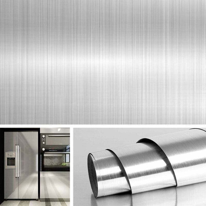 Tapet autocolant din otel inoxidabil, 60x200cm, PVC, rezistent la apa si ulei, efect nichel periat