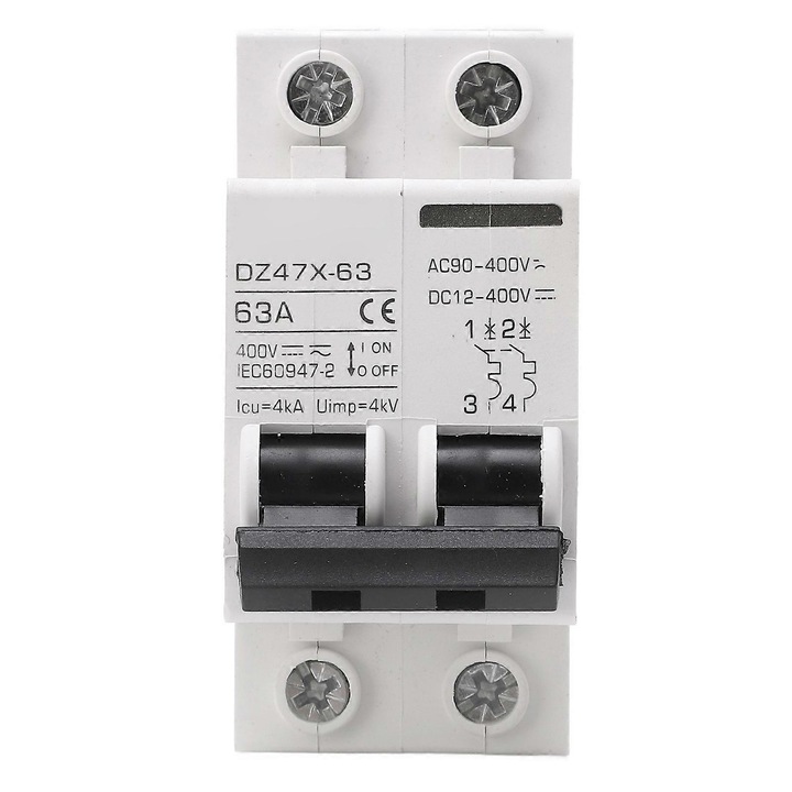 Siguranta electrica AC DC 63A 2P pentru panouri solare, capacitate de rupere 4000A, instalare pe sina DIN