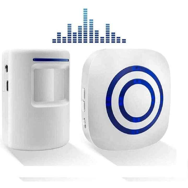 Kit sonerie wireless cu receptor si detector de miscare PIR, 38 melodii, 3 niveluri de volum, distanta de detectie 3-7m