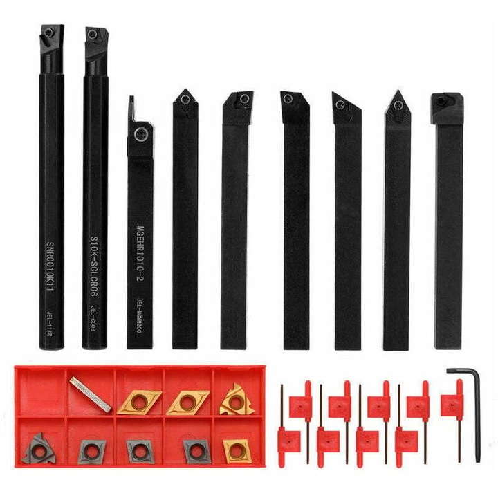 Set de 9 scule de strunjire pentru strung metalic, cu suport CNC, inclusiv cheie si lama de 10mm, dimensiuni variate
