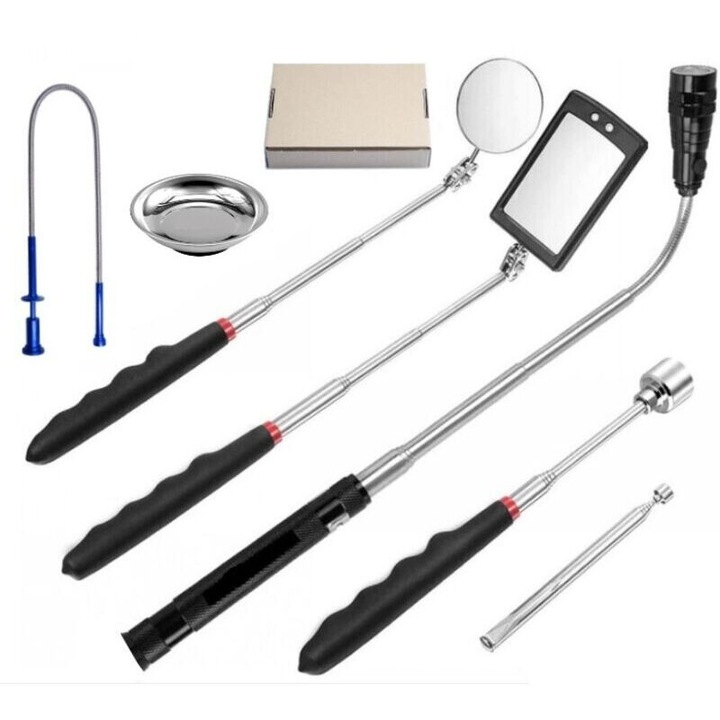 Oglinda de inspectie auto, set de 7 piese, cu unelte magnetice, oglinda rotunda si patrata, lanterna retractabila, aluminiu