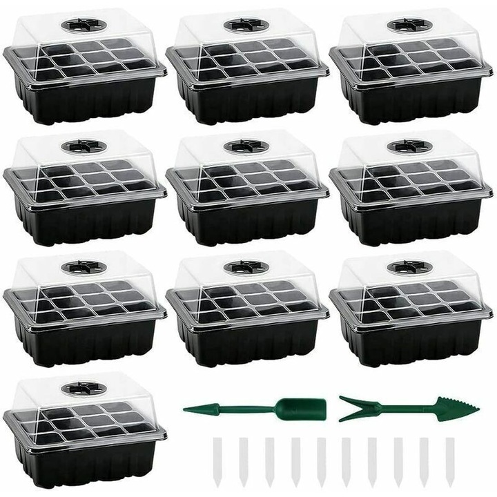 Set germinatoare seminte, 10 tavite mini cu 120 celule, capac transparent, 19x14.5x11cm