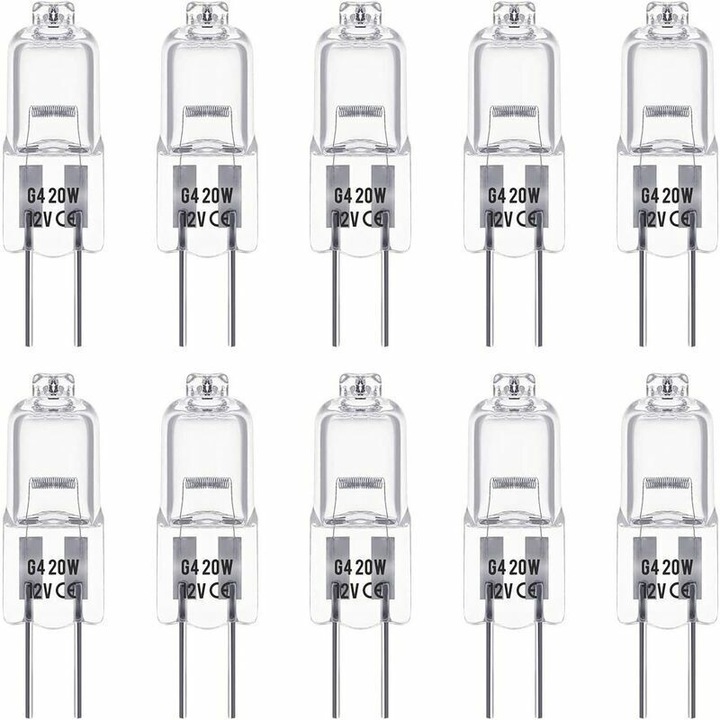 Bec halogen G4 12V 20W 3000K alb cald 9x9x30mm set 10 buc