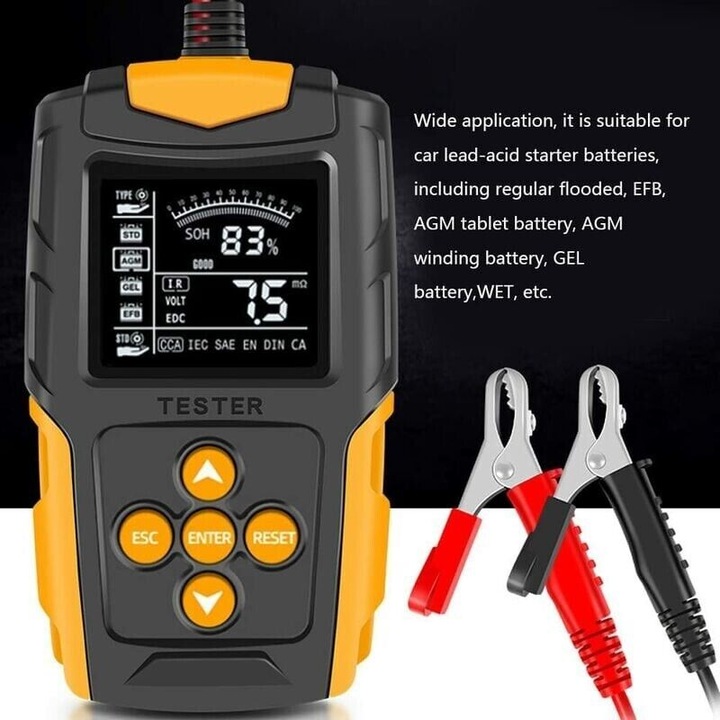 Tester baterii auto 12V/24V, digital LCD, masurare SOH, SOC, CCA, IR