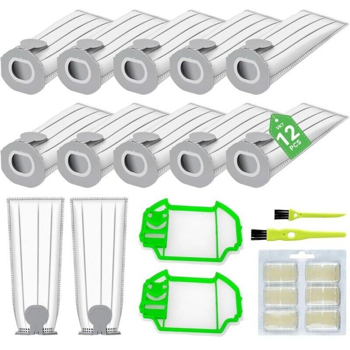 Set saci de praf pentru aspirator, 12 saci, 2 filtre HEPA, deodorant, 2 perii, compatibil cu Folletto VK7S, VK7 FP7, FP7S
