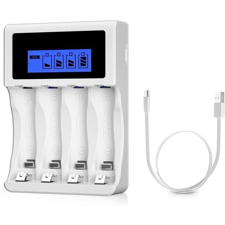 Incarcator rapid universal pentru baterii AA/AAA, 4 sloturi de incarcare, ecran LCD, alb