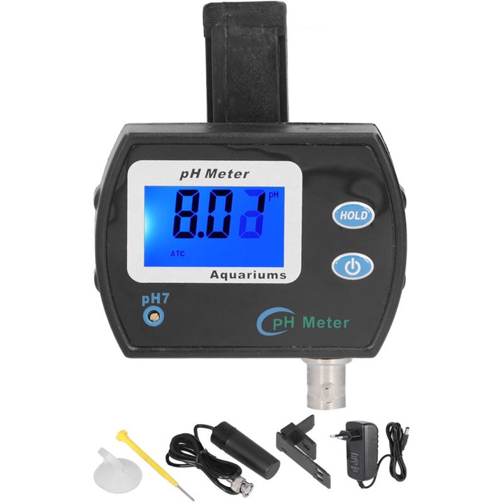 Tester pH pentru acvarii, 0.00-14.00, ecran LCD mare, senzor sensibil, 75x55x20mm, set complet