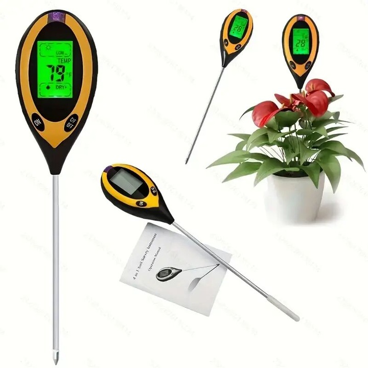 Tester de sol 4-in-1 ST-02, masoara umiditatea, pH-ul, intensitatea luminii si temperatura, portabil, cu ecran LCD iluminat