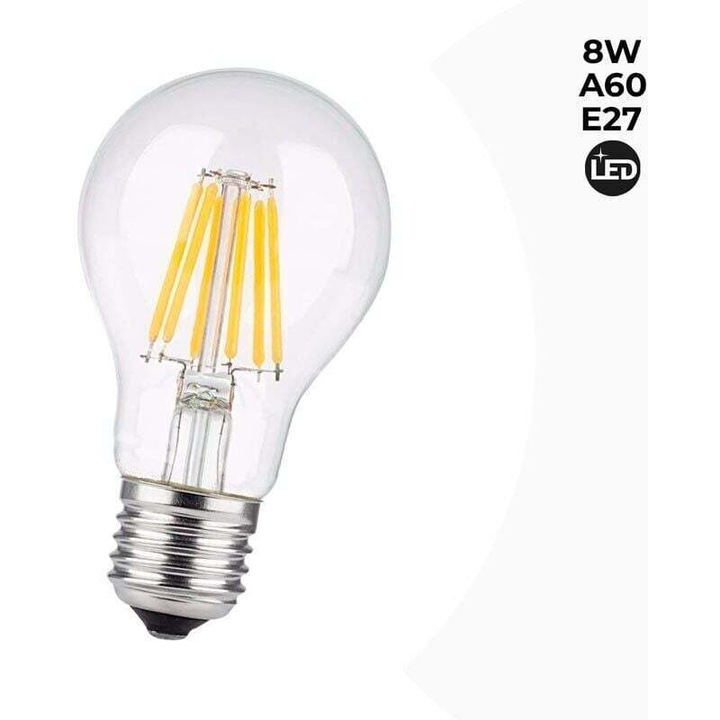 E27 8W LED izzó, átlátszó szálas, meleg fehér, 60x105mm, 3 darabos készlet